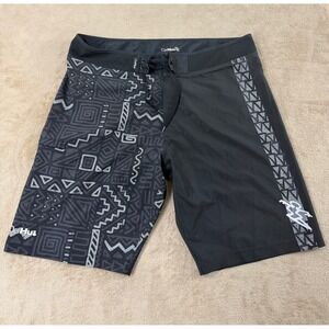 DaHui Mens Board Shorts 36 Black Geometric Tribal Print Stretch Swim Trunks EUC